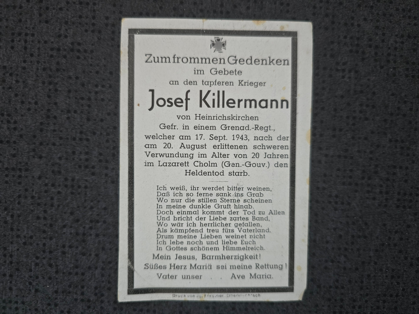 Sterbebild Gefreiter Heinrichskirchen 11. Komp. Gren. Regt. 21 Cholm Pulawy Polen