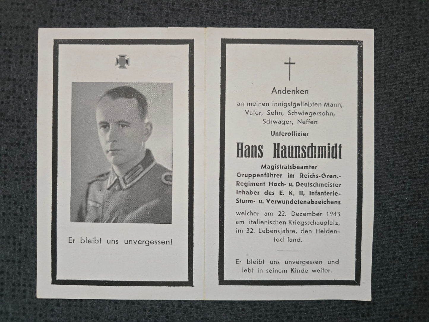 Sterbebild Unteroffizier Kremsmünster 7. Komp. Reichs-Gren. Regt. "Hoch & Deutschmeister" Viticuso Cassino Italien