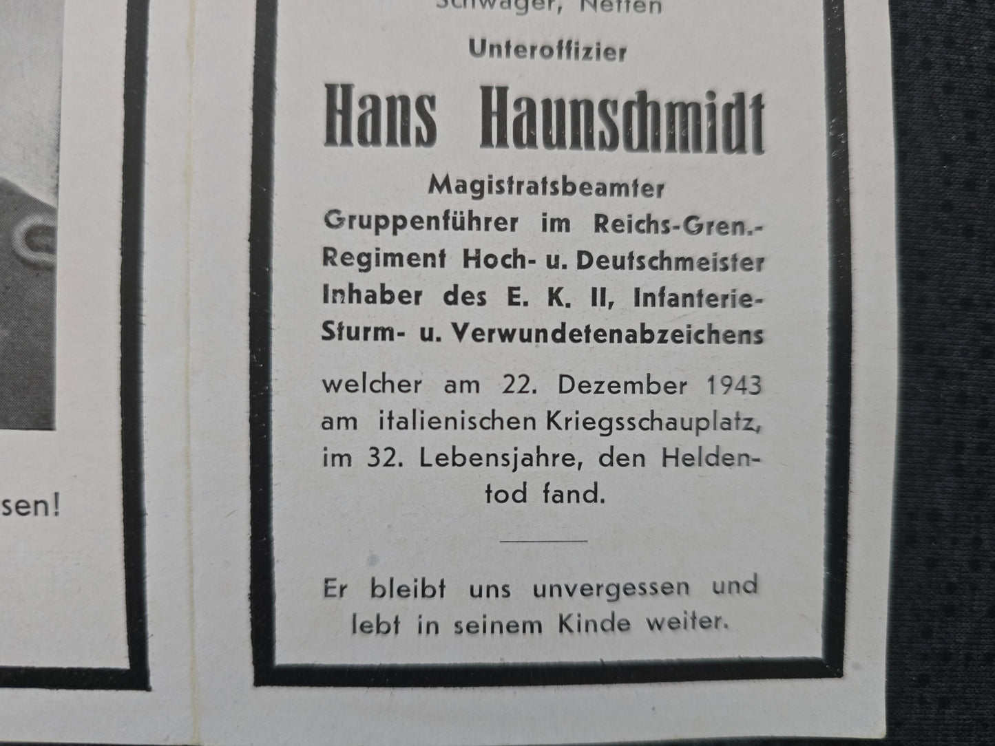 Sterbebild Unteroffizier Kremsmünster 7. Komp. Reichs-Gren. Regt. "Hoch & Deutschmeister" Viticuso Cassino Italien