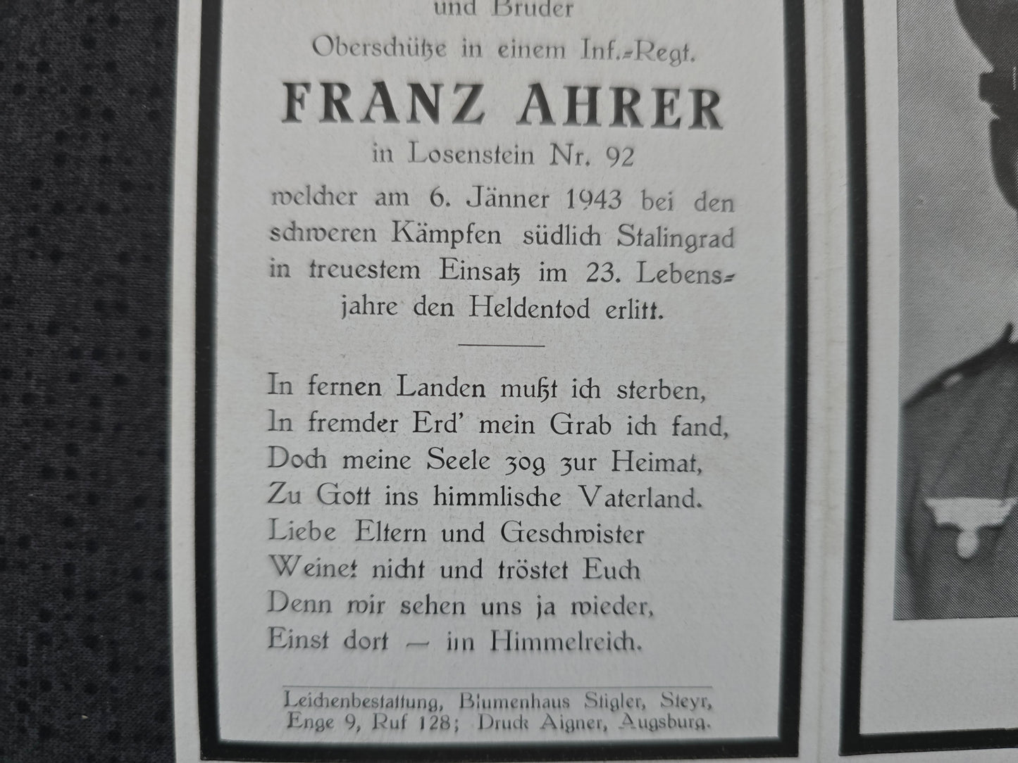 Sterbebild Oberschütze Lesenstein Inf. Regt. schwere Kämpfe Stalingrad Russland