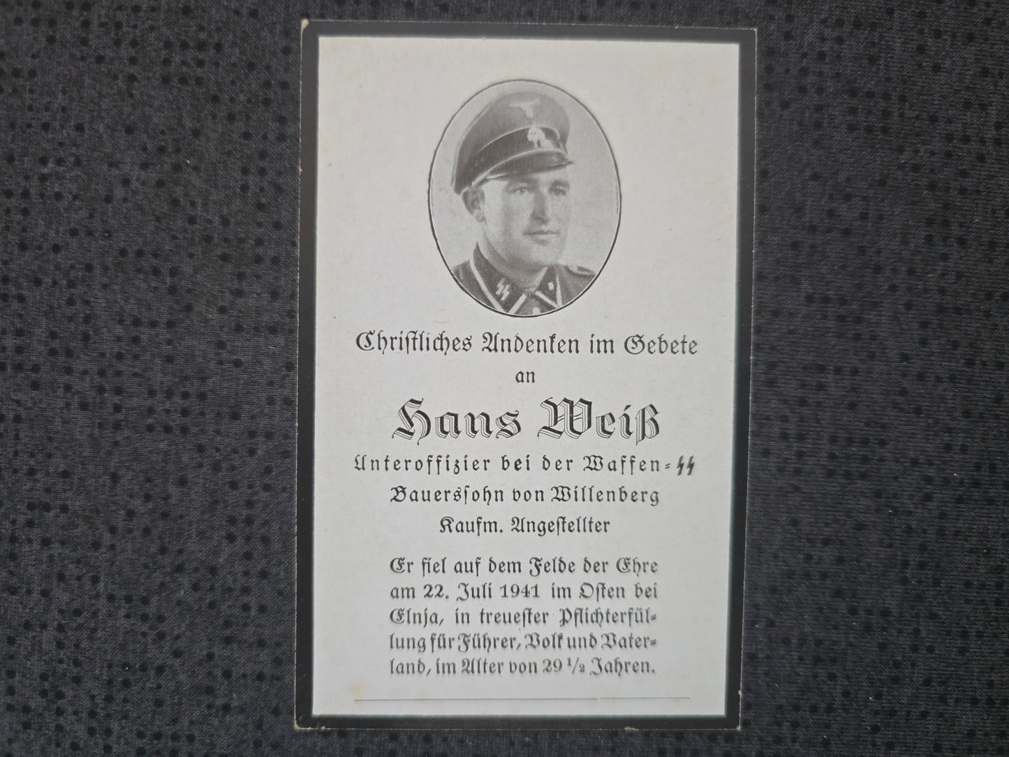 Sterbebild SS-Unterscharführer Reichersdorf 3. Komp. SS-Regt. "Deutschland" Pronino Russland