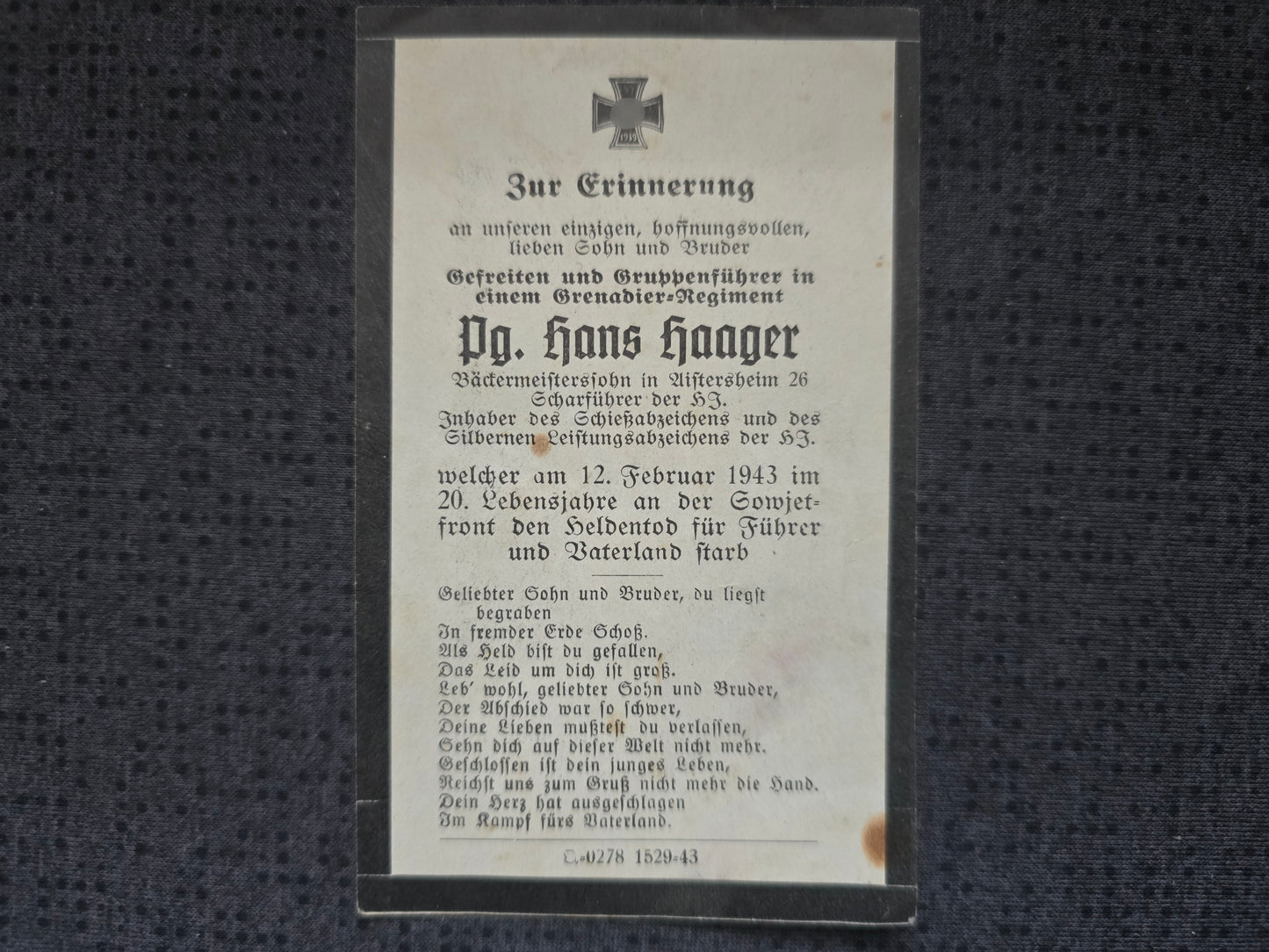 Sterbebild Gefreiter & Gruppenführer Aistersheim Gren. Regt I/617 HJ Scharführer HJ Leistungsabzeichen Belakleya Ukraine