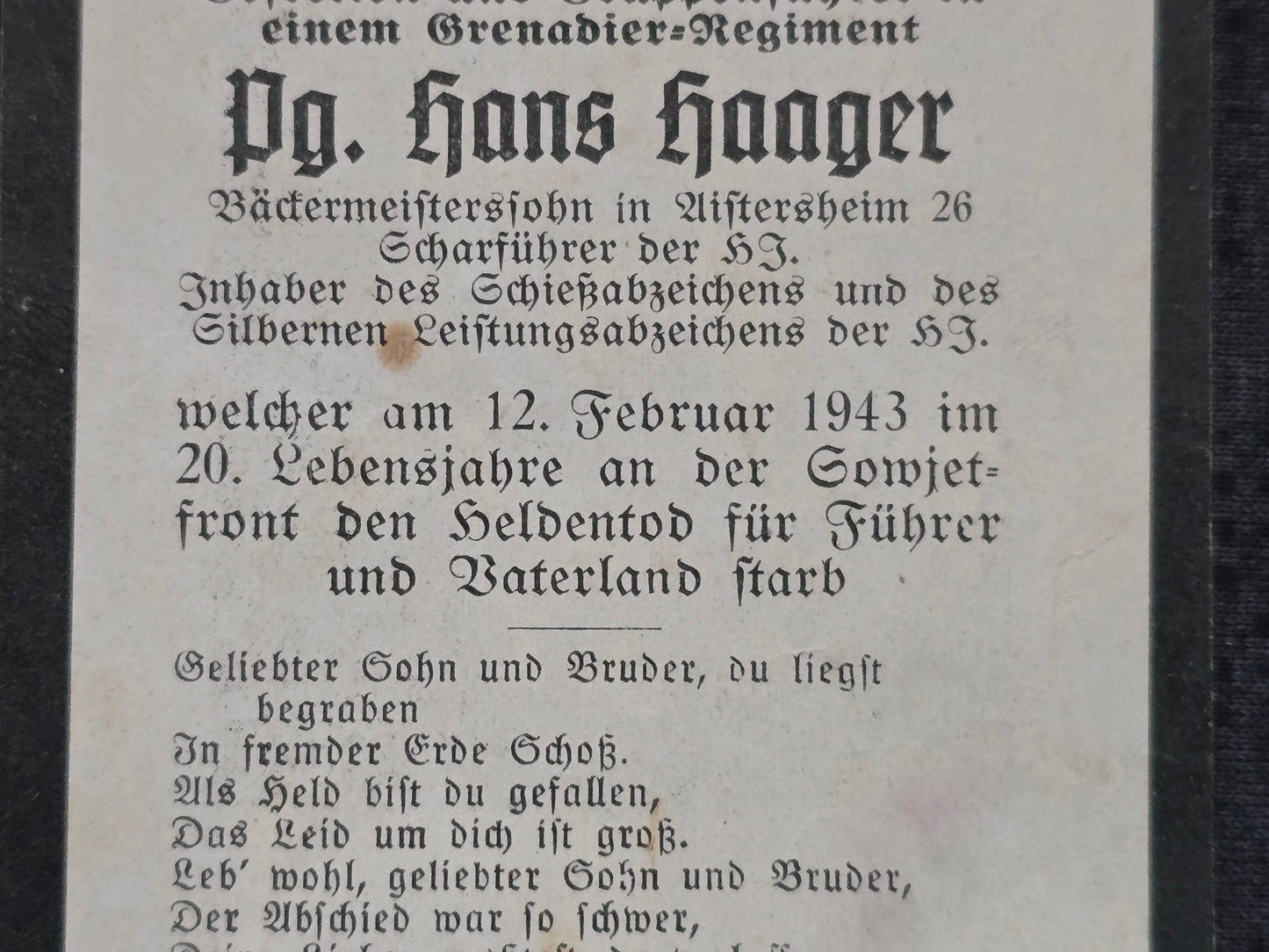 Sterbebild Gefreiter & Gruppenführer Aistersheim Gren. Regt I/617 HJ Scharführer HJ Leistungsabzeichen Belakleya Ukraine