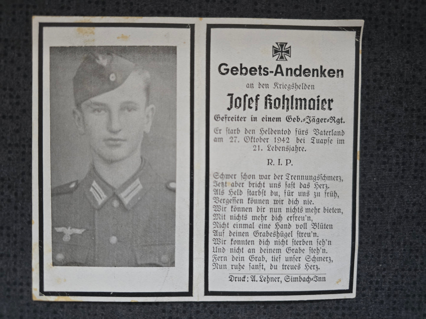 Sterbebild Gefreiter Prienbach 11. Komp. Geb.-Jäger Regt. 207 Bahnhof Goitsch Russland