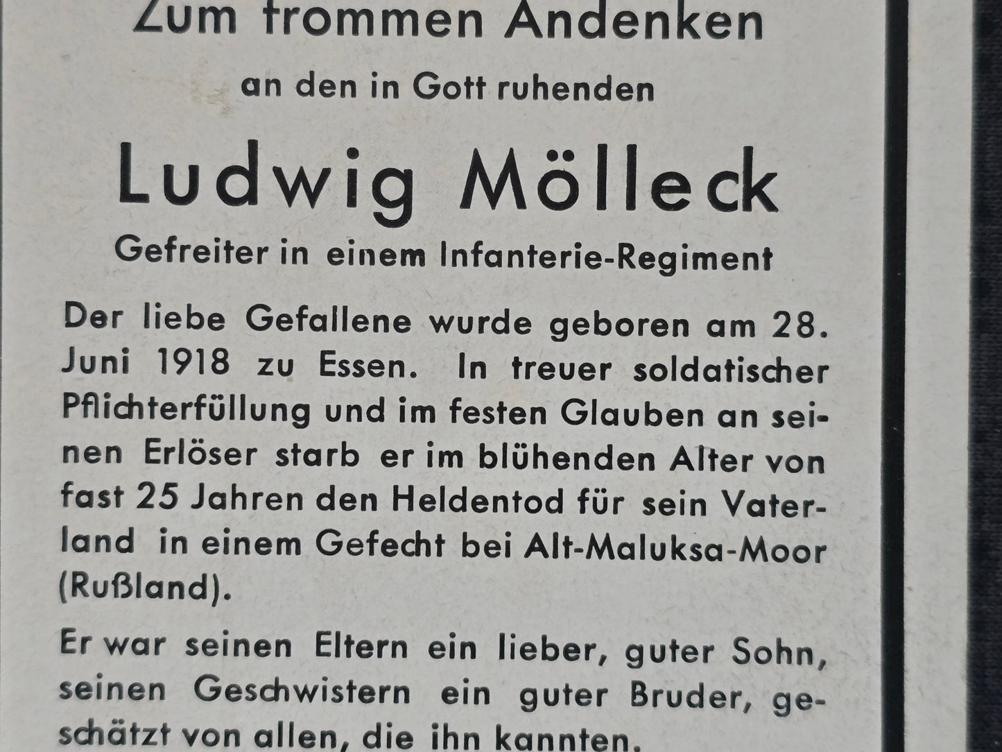 Sterbebild Gefreiter Essen 1. Komp. Gren. Regt. 159 West Maluksa-Moor Russland