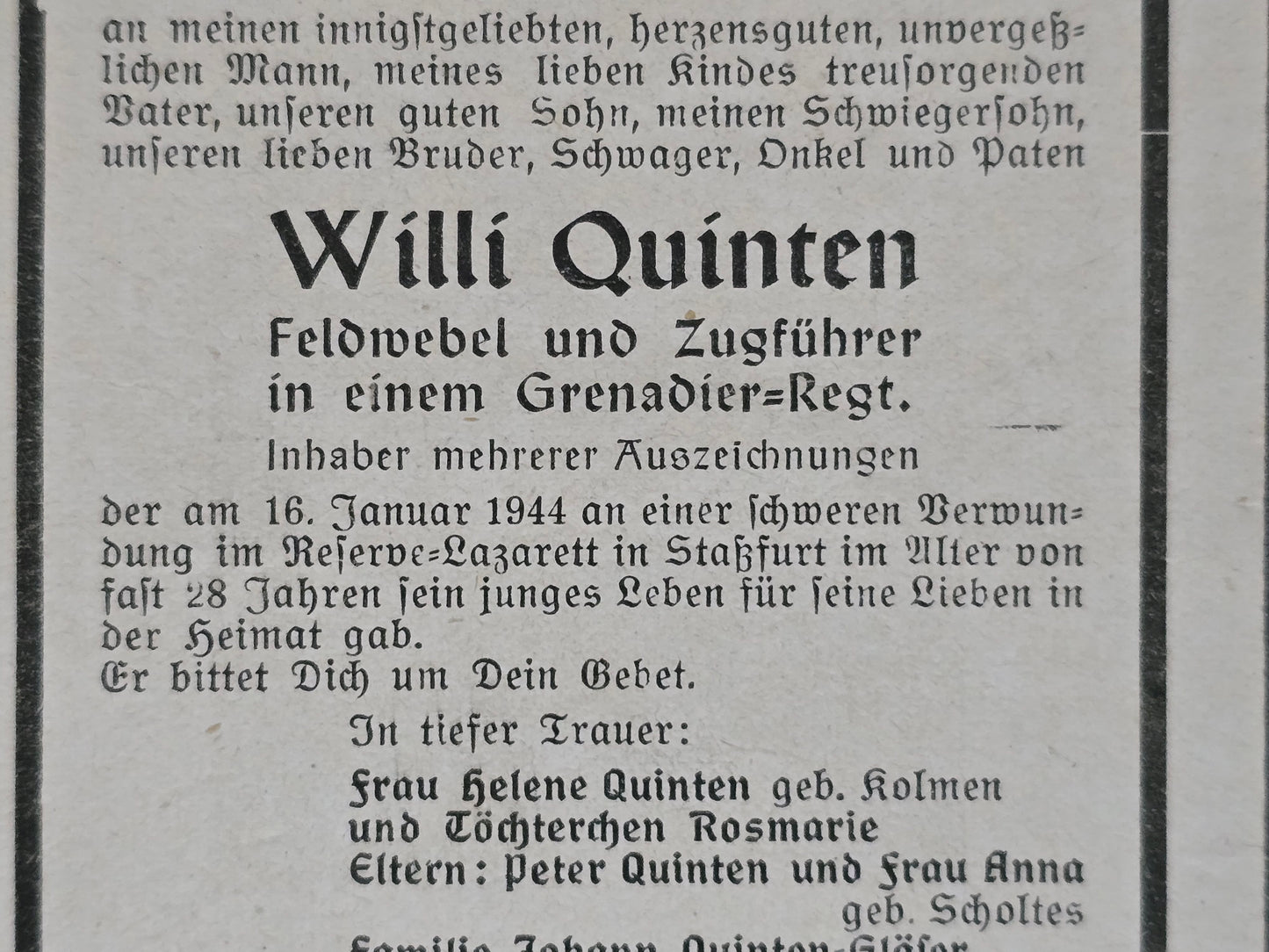 Sterbebild Feldwebel & Zugführer Nalbach-Saar Grenadier Regt. Lazarett Staßfurt