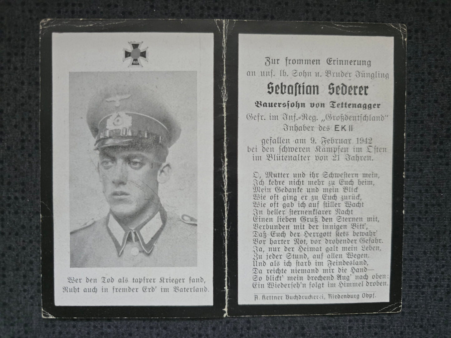 Sterbebild Gefreiter Tettenagger 10. Komp. Inf. Regt. "Großdeutschland" GD Radomske Kursk Russland