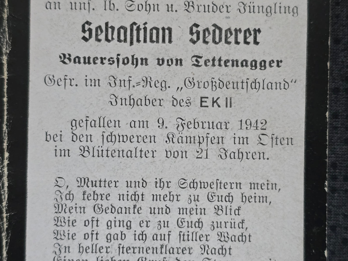 Sterbebild Gefreiter Tettenagger 10. Komp. Inf. Regt. "Großdeutschland" GD Radomske Kursk Russland