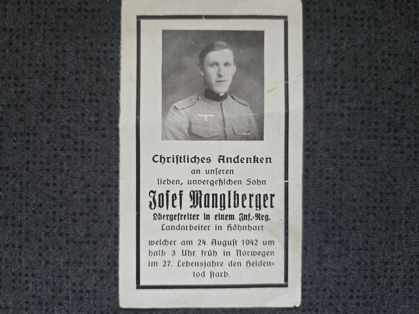 Sterbebild Obergefreiter St. Johann 7. Komp. Geb. Jäger Regt. 137 Stützpunkt Kampenhöhe Norwegen