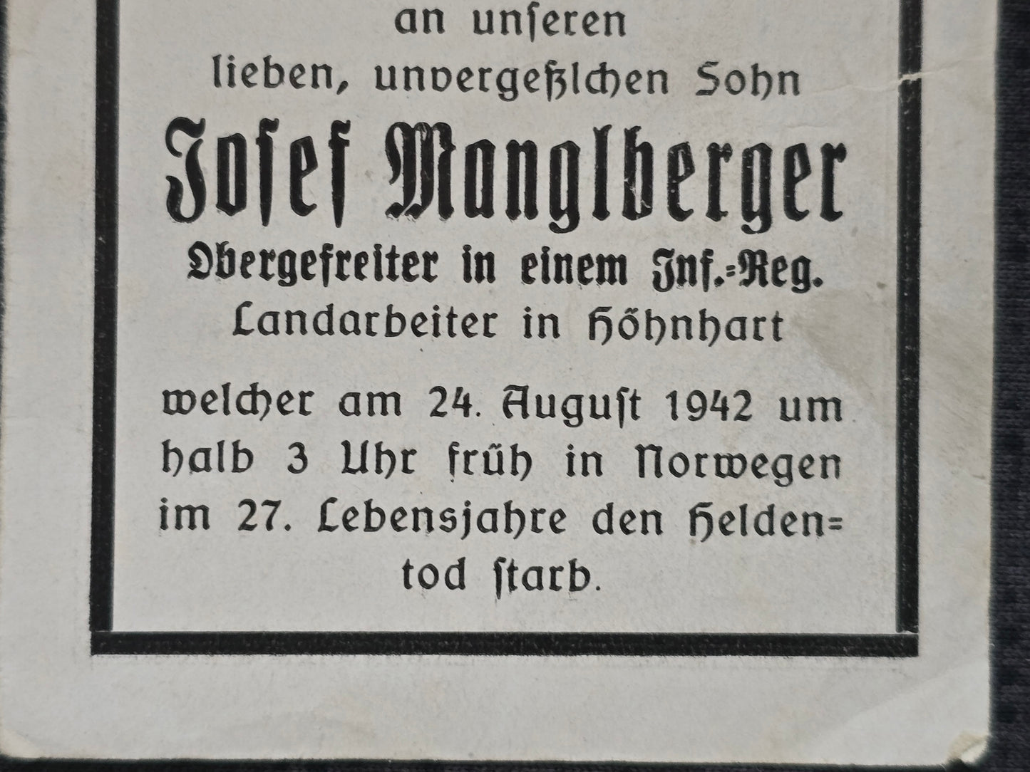 Sterbebild Obergefreiter St. Johann 7. Komp. Geb. Jäger Regt. 137 Stützpunkt Kampenhöhe Norwegen