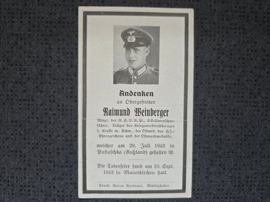 Sterbebild Obergefreiter Mauerkirchen 4. Komp 3. Regt. Division "Brandenburg" SS-Unterscharführer HJ Ehrenabzeichen Pustoschka Russland