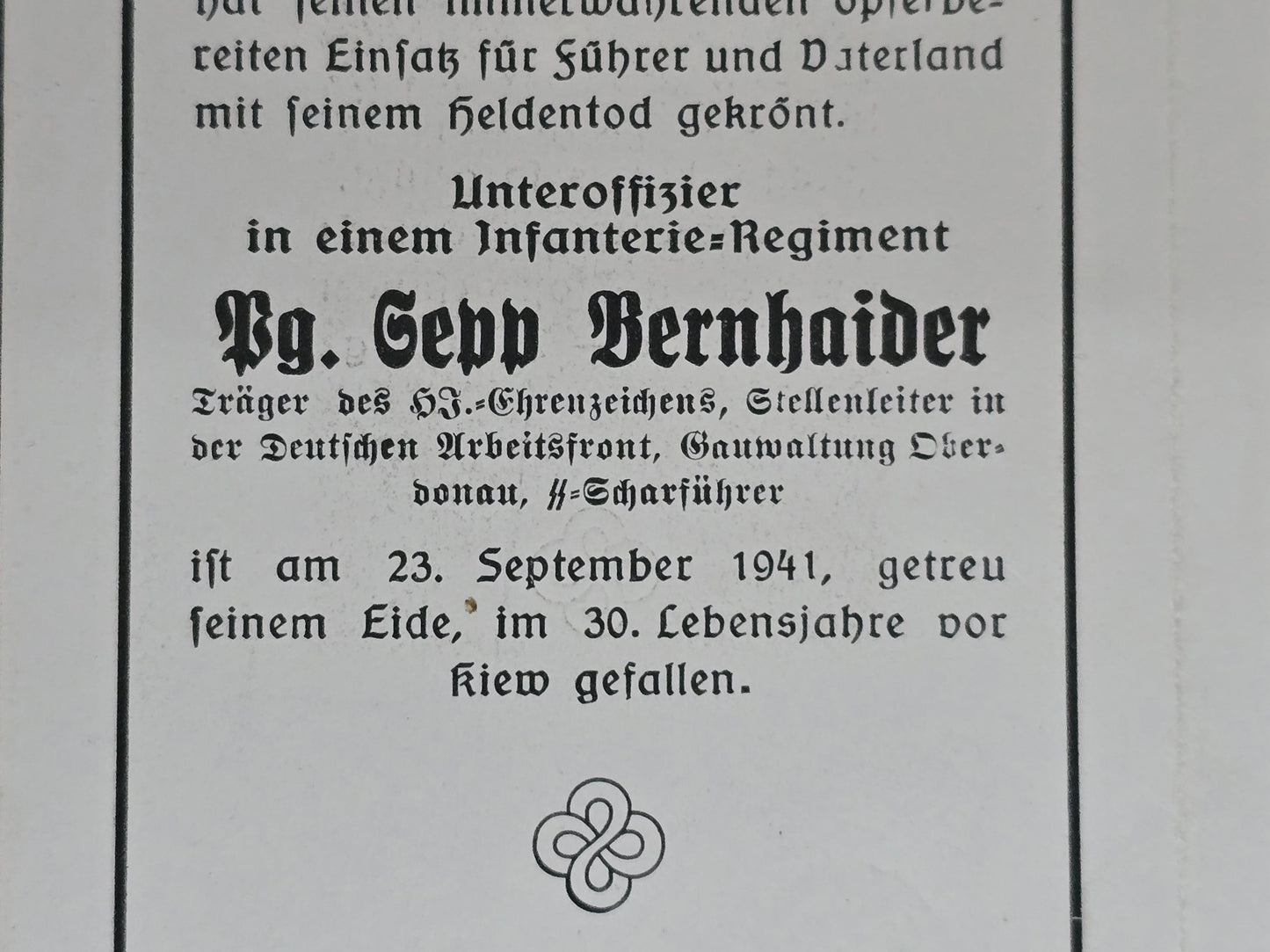 Sterbebild SS-Scharführer Schwarzenberg 3. Komp. Inf. Regt. 130 HJ-Ehrenzeichen Perejaslawskaja Ukraine