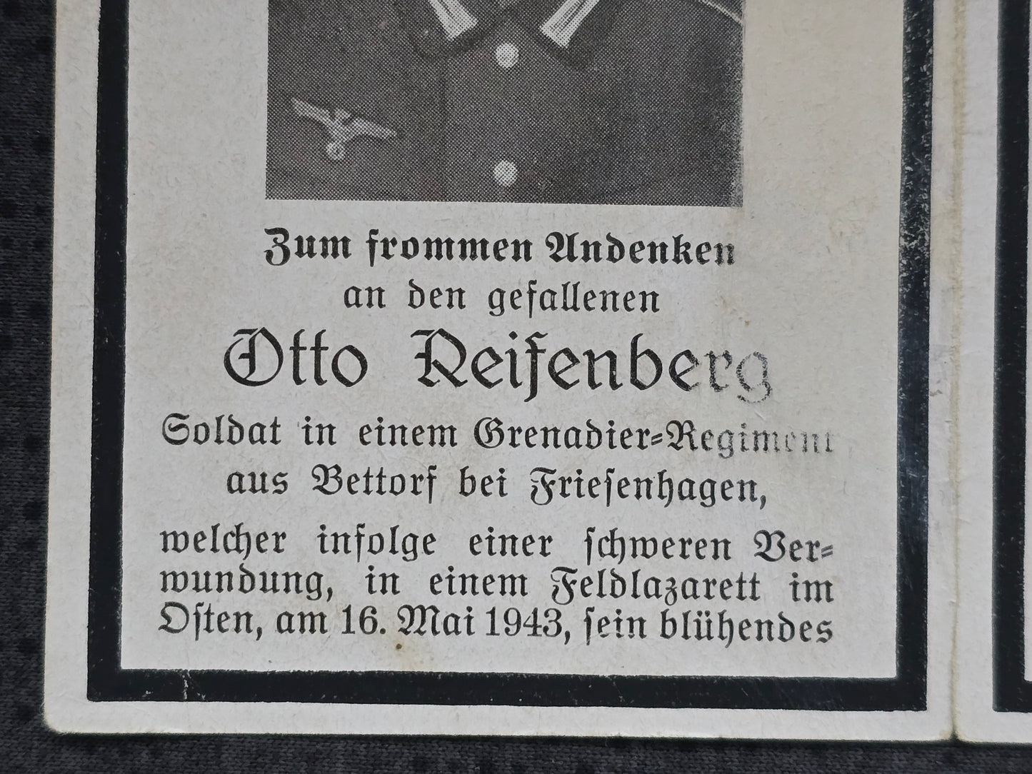 Sterbebild Schütze Friesenhagen 1. Gren. Regt. 336 Sanko 6/3 (613) Ortslaz. Besljudowka Ukraine