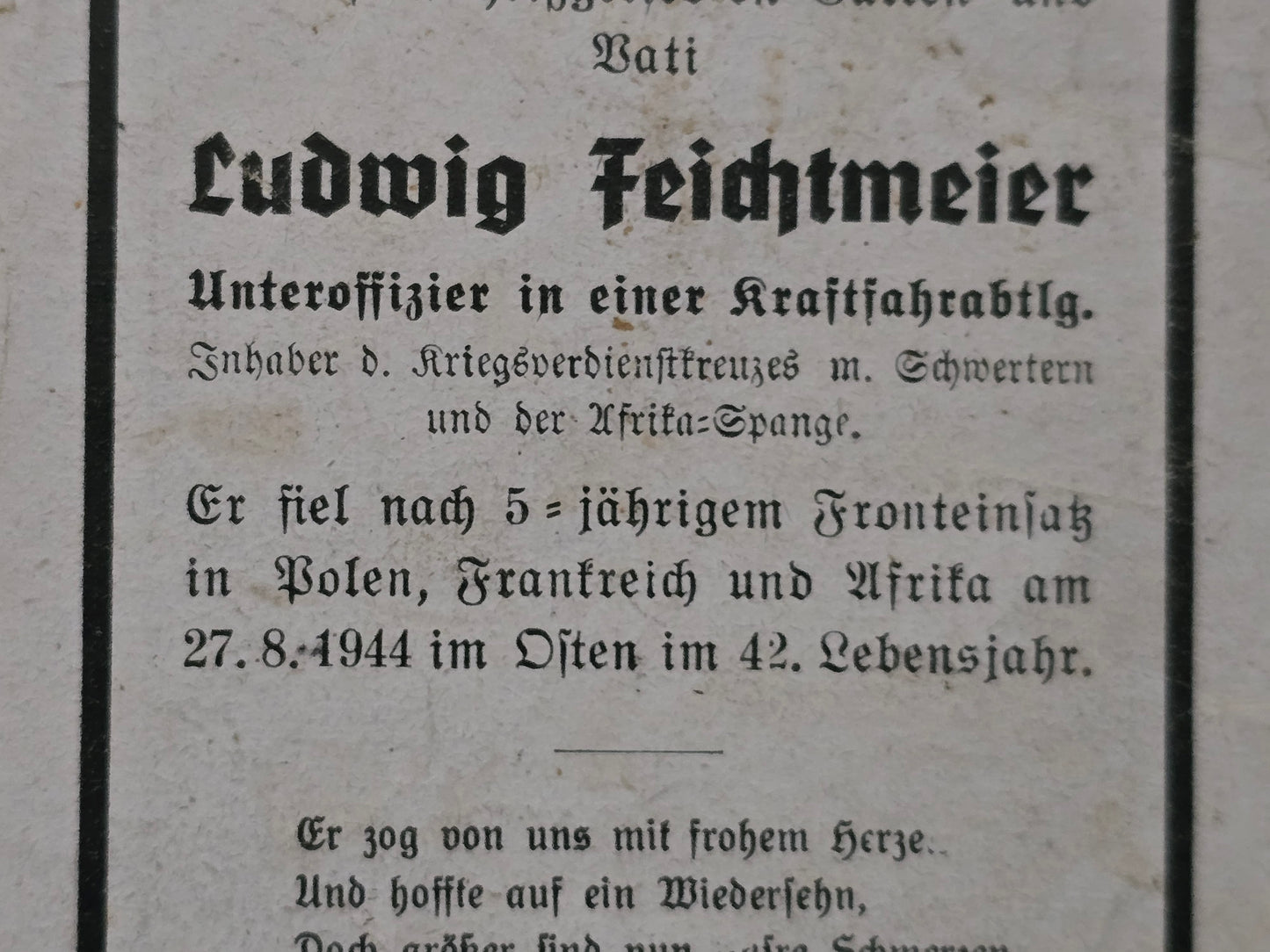 Sterbebild Unteroffizier Obermünchsdorf 1. Kraftfahr Komp. Div. Nachschub Truppen 367 Afrika-Spange H.V.Pl. 2.Sanko 367 Bartosze Polen