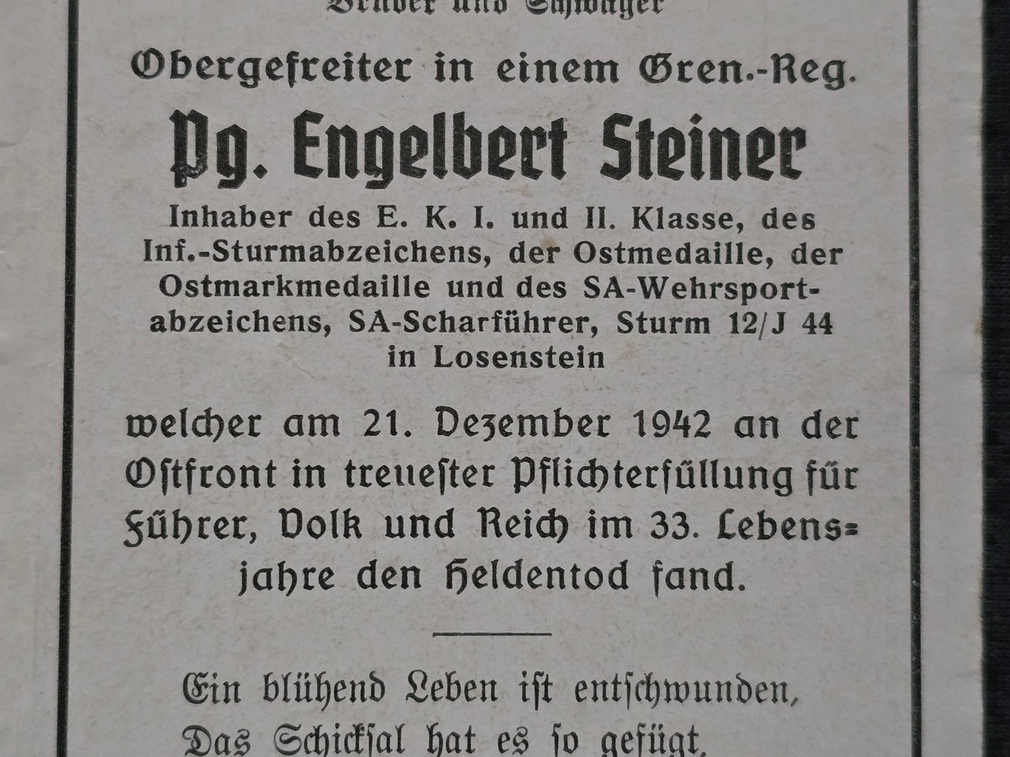 Sterbebild Obergefreiter Reichraming 6. Inf. Regt. 404 SA-Scharführer Sturm 12/J44 SA Wehrsportabzeichen Dubrowka Russland