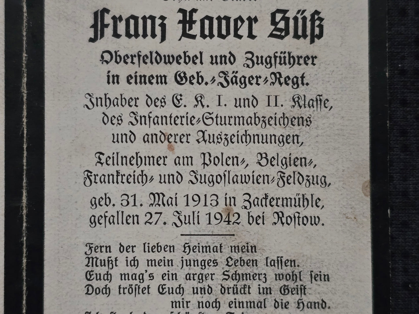 Sterbebild Oberfeldwebel & Zugführer Zackermühle 12. Komp. Geb. Jäger Regt. 91 EK I&II Rostow Russland