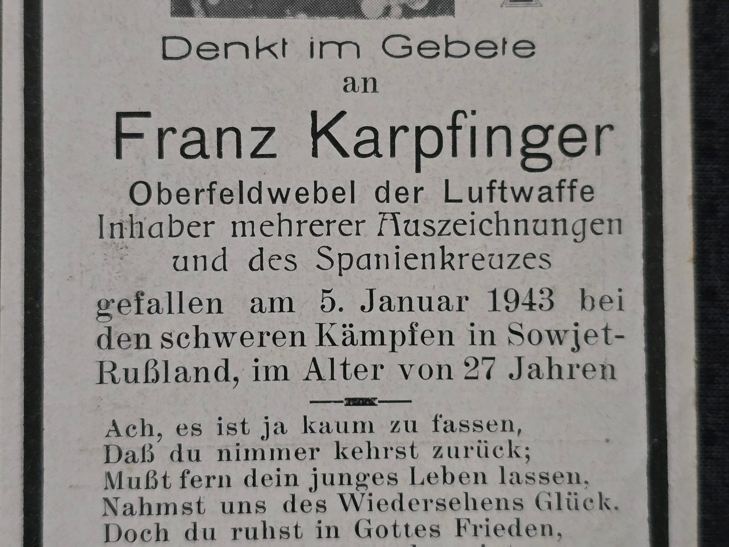 Sterbebild Oberfeldwebel Massenhausen LW Komp. Z.B.V. 4 Spanienkreuz Geraskowka Russland