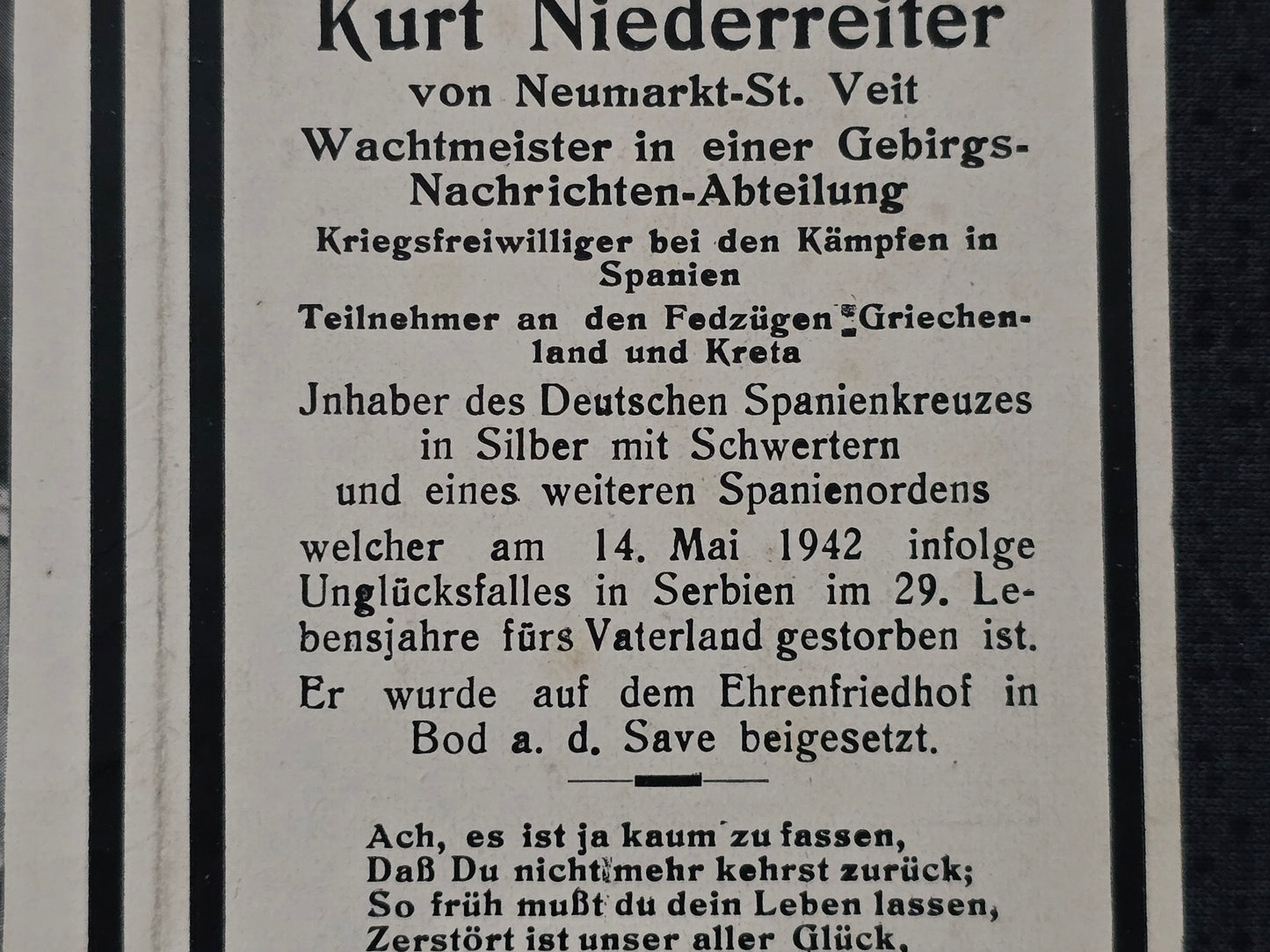 Sterbebild Wachtmeister St. Veit Kommandeur der Nachrichten Aufkl. 4 Spanienkreuz in Silber mit Schwertern Spanienorden Nova Gradiska Serbien