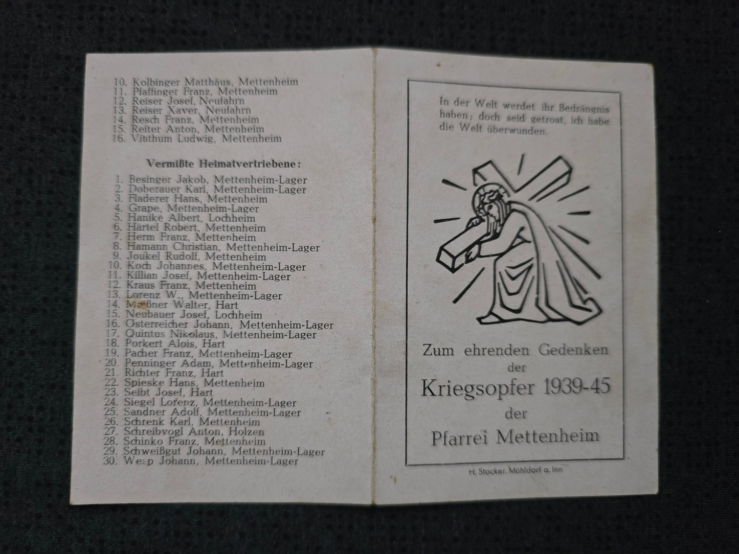 Sterbekarte Gedenkkarte Kriegsopfer der Gemeinde Mettenheim 1939-1945 Gefallene, Heimatvertriebene , Vermißte