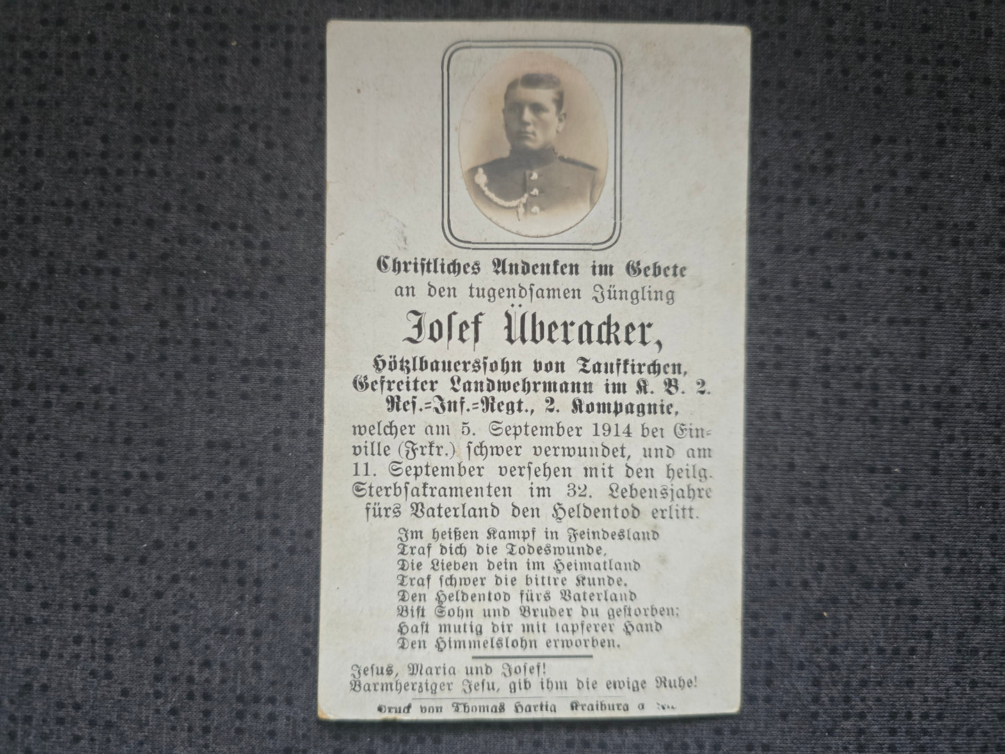 Sterbebild Gefreiter Taufkirchen 2. Komp. KB Res. Inf. Regt. 2 Echtfoto Einville Gerbéviller Frankreich