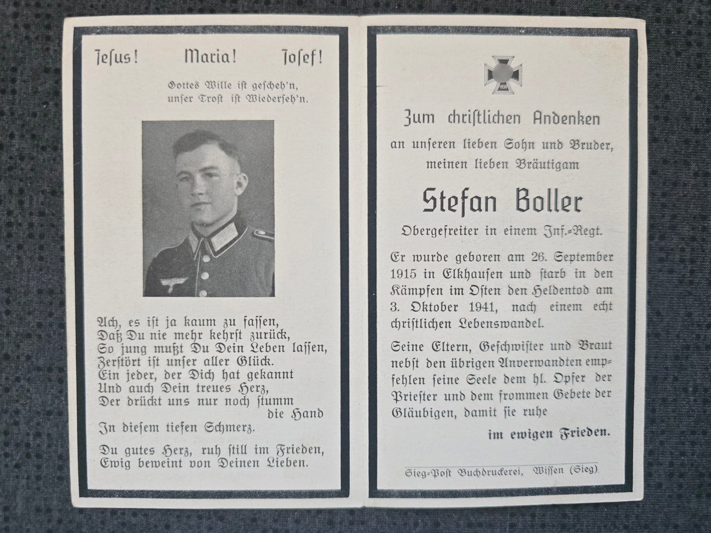 Sterbebild Obergefreiter Elkhausen 2. Komp. Inf. Regt. 483 Russland