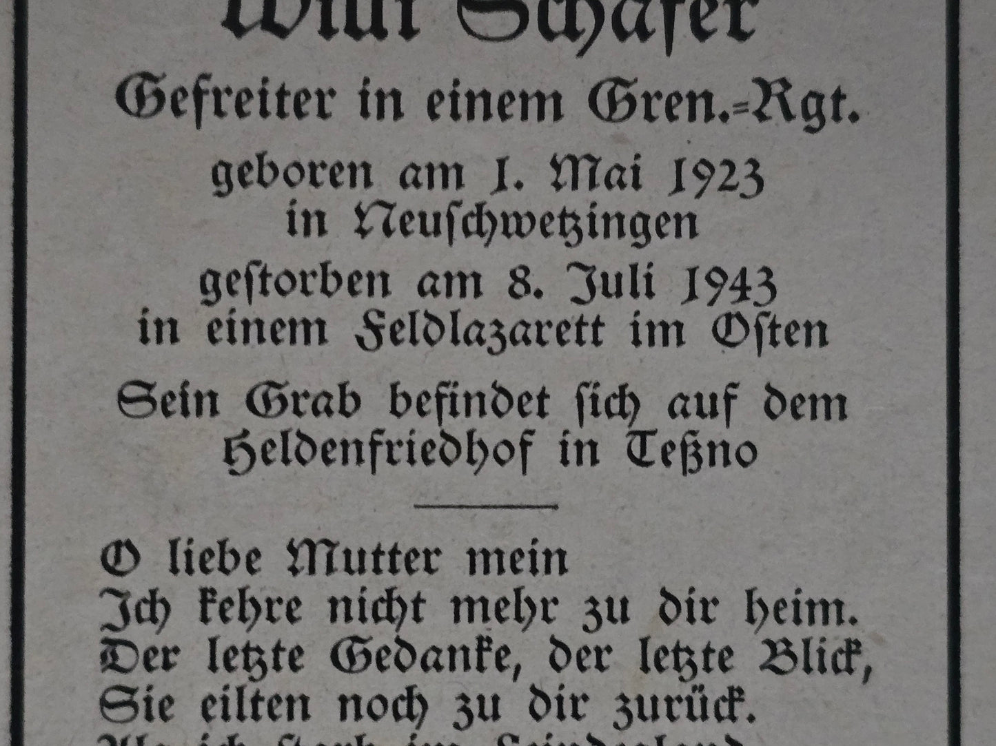 Sterbebild Gefreiter Neuschwetzingen 2. Komp. Gren. Regt. 436 Feldlaz.269 Tossno Russland