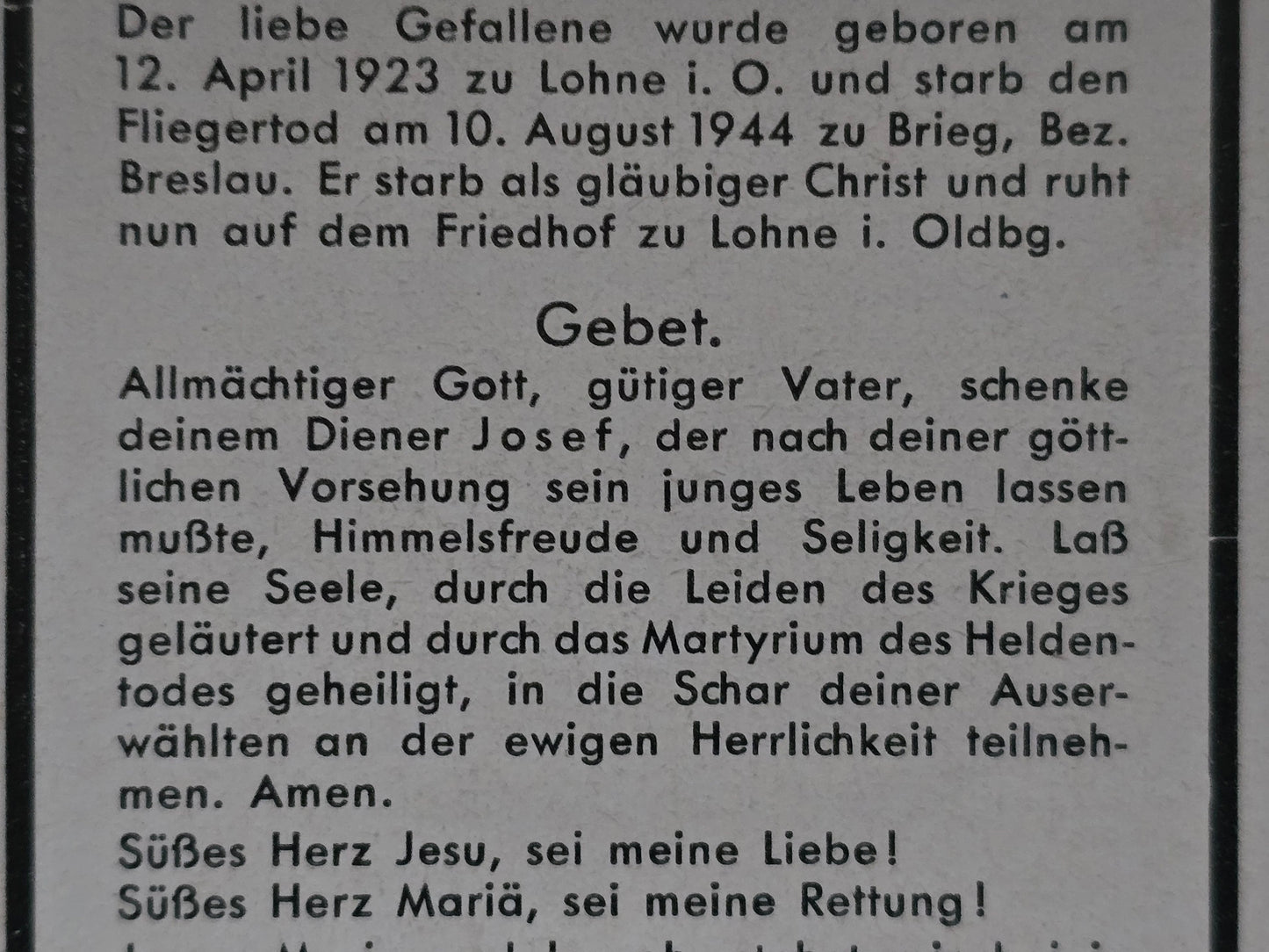 Sterbebild Unteroffizier Lohne Flugzeugführer 4. Staffel Nacht-Fernaufklärungsgeschwader Breslau Polen