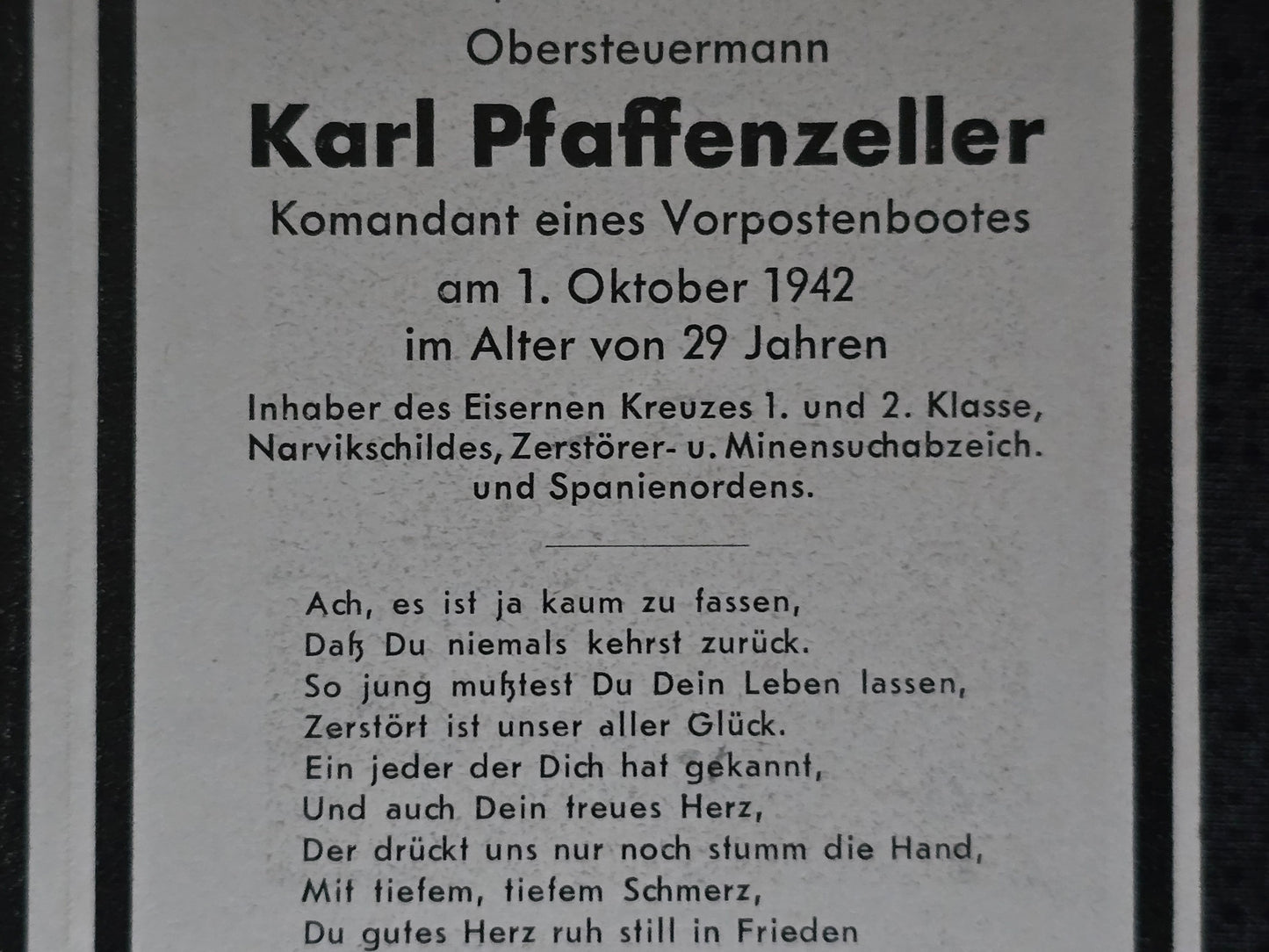 Sterbebild Obersteuermann & Kommandant Regensburg 19. Vorposten Flottille EK I&II Narvikschild Minensuchabz. Spanienorden Dänemark