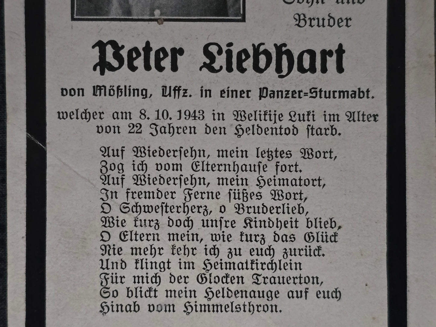 Sterbebild Unteroffizier Mößling 1. Batterie Sturmgeschütz-Abt. 184 Welikije Luki Russland