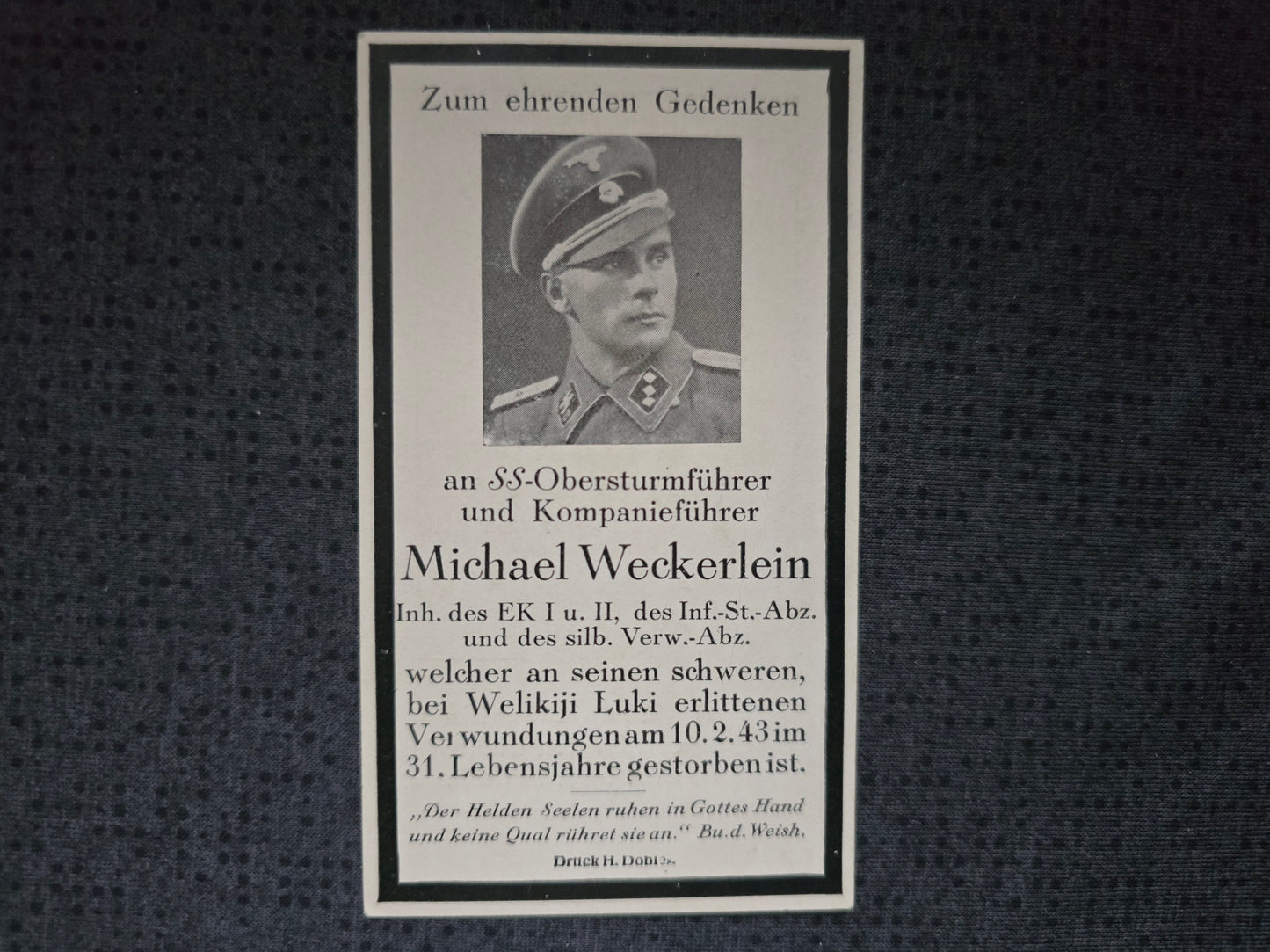 Sterbebild SS-Obersturmführer Rottach SS Totenkopf Inf. Regt. 8 Welikije Luki Warschau Polen