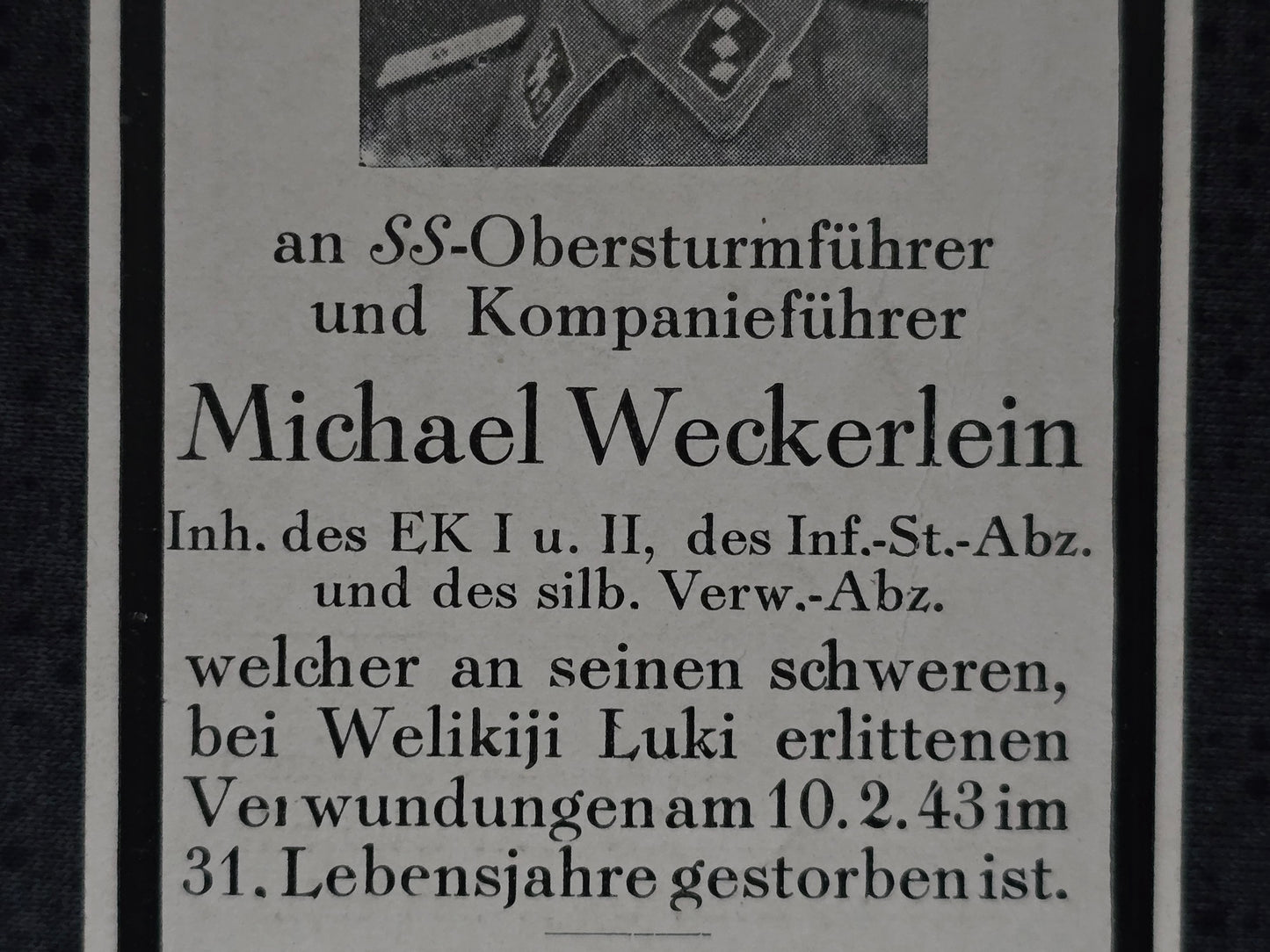 Sterbebild SS-Obersturmführer Rottach SS Totenkopf Inf. Regt. 8 Welikije Luki Warschau Polen