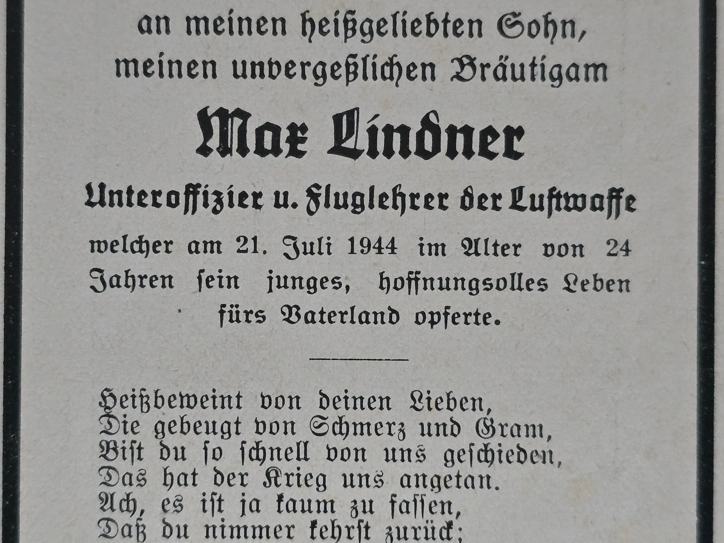 Sterbebild Unteroffizier Stockham 2. Schüler Komp. Fluglehrschule LW Brandenburg-Briest Lager Altengrabow