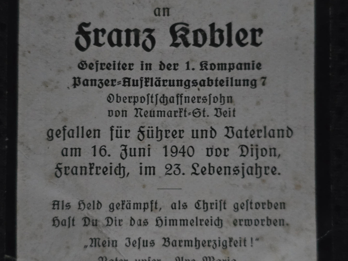 Sterbebild Gefreiter Aalstein 1.Komp. Panzer Aufklärung Abt. 7 Dijon Velars-sur-Ouche Frankreich