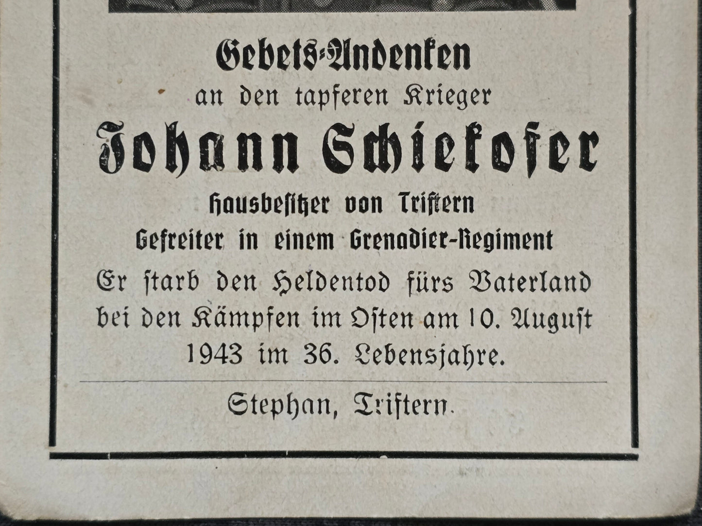 Sterbebild Gefreiter München 12. Komp. Gren. Regt. 77 Kukujewka Russland