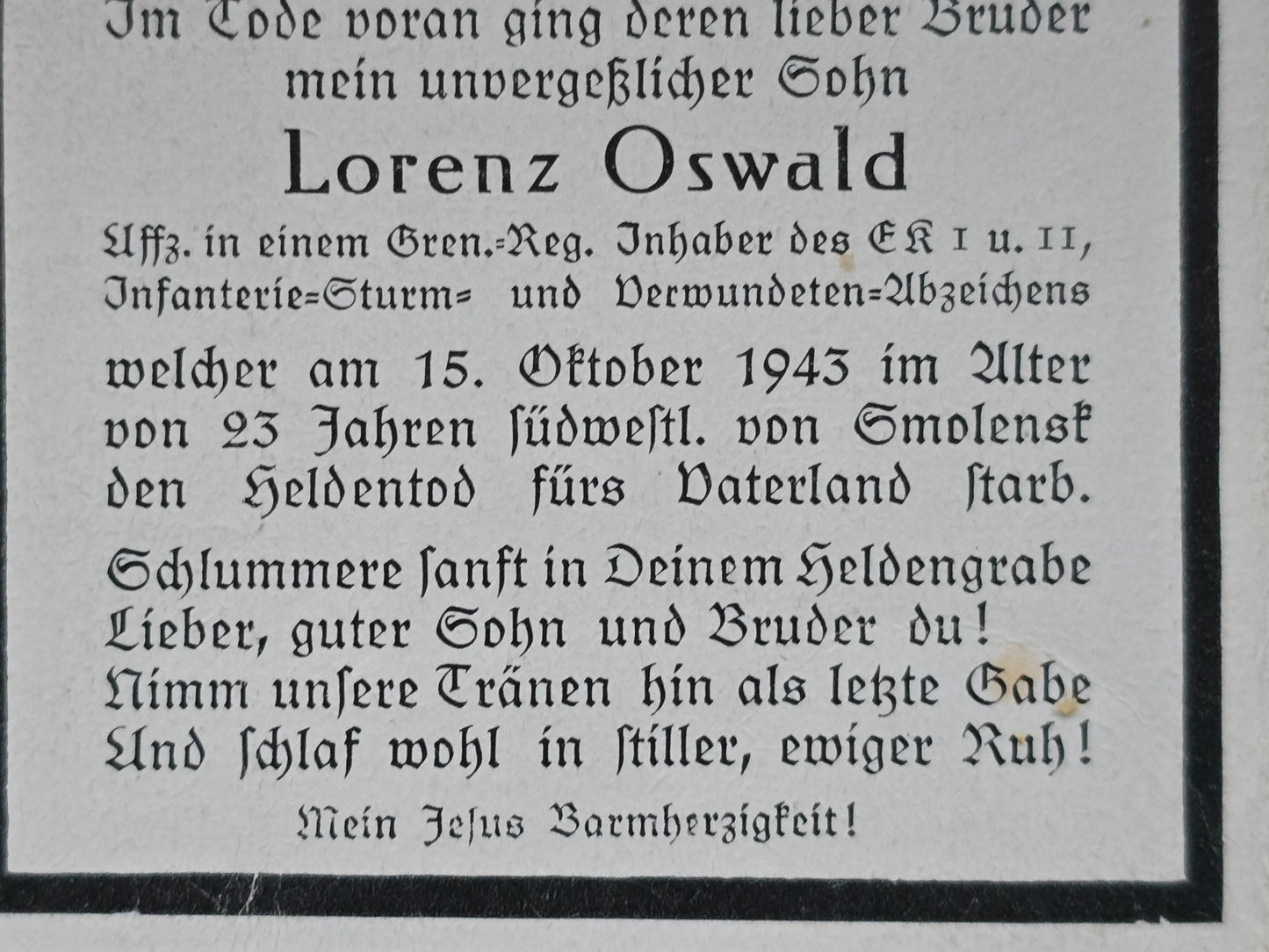 Sterbebild Unteroffizier Lenggries 7. Komp. Gren. Regt. 688 EK I&II Smolensk DRK Vorhelferin KvK Verona Italien