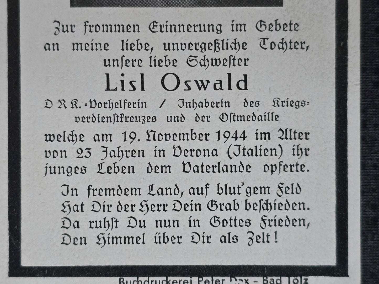 Sterbebild Unteroffizier Lenggries 7. Komp. Gren. Regt. 688 EK I&II Smolensk DRK Vorhelferin KvK Verona Italien