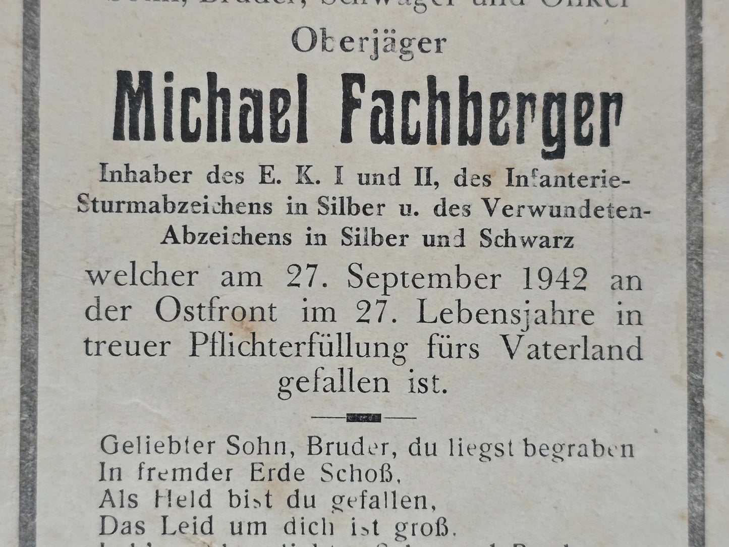 Sterbebild Oberjäger Steinbach EK I&II Verw. Abz. Silber & Schwarz Stalingrad Rossoschka Russland