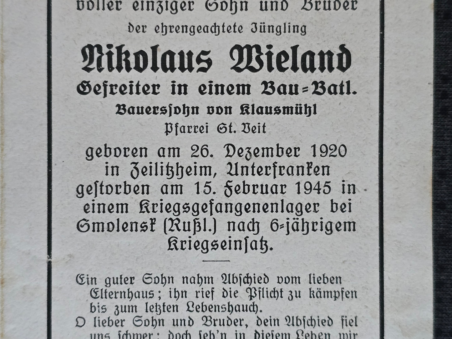 Sterbebild Gefreiter Zeilitzheim Bau-Bataillon Endkampf Kgf. Laz. Kuybyschew Smolensk Russland