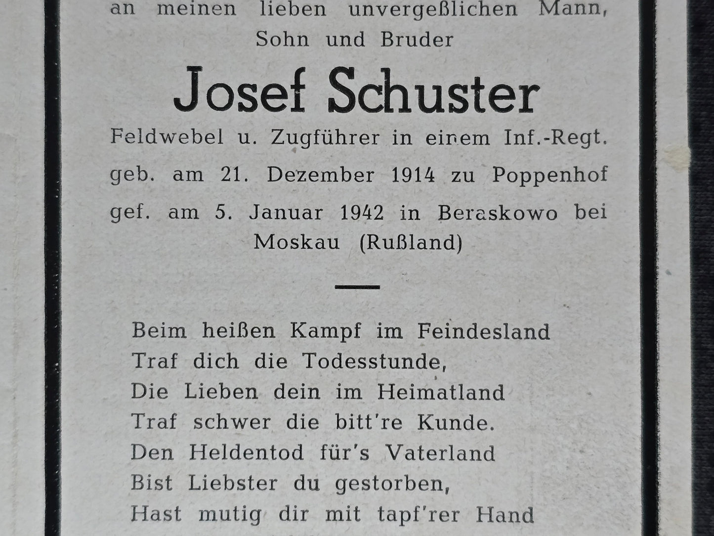 Sterbebild Feldwebel & Zugführer Poppenhof 2. Komp. Marsch Btl. XIII "Wimmer" Moskau Russland