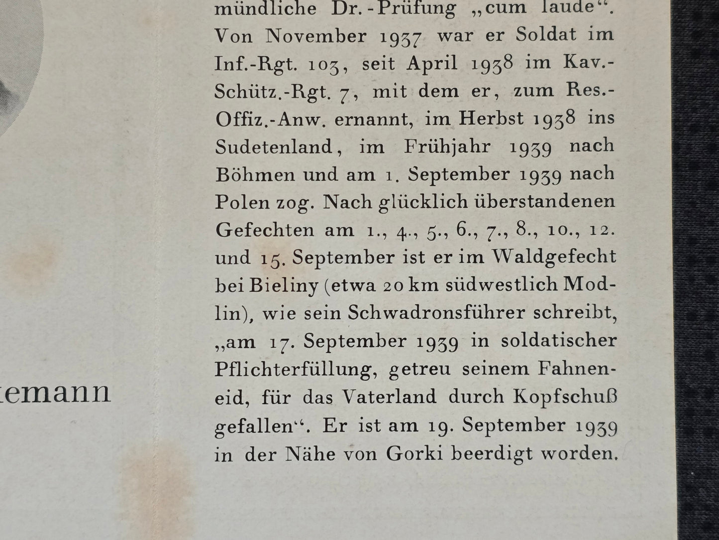 Sterbebild Unteroffizier Naumburg (Saale) 3. Kavallerie-Schützen Regt. 7 Sudetenland Waldgefecht Bieliny Modlin Polen 1939