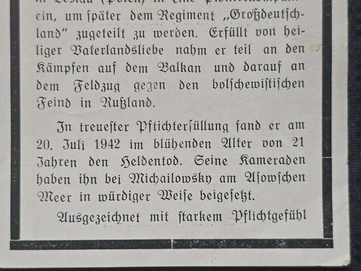 Sterbebild Obergefreiter Birgel 15. Komp. Pionier Inf. Regt. "Großdeutschland" GD Michailowsky Krasnodar Russland