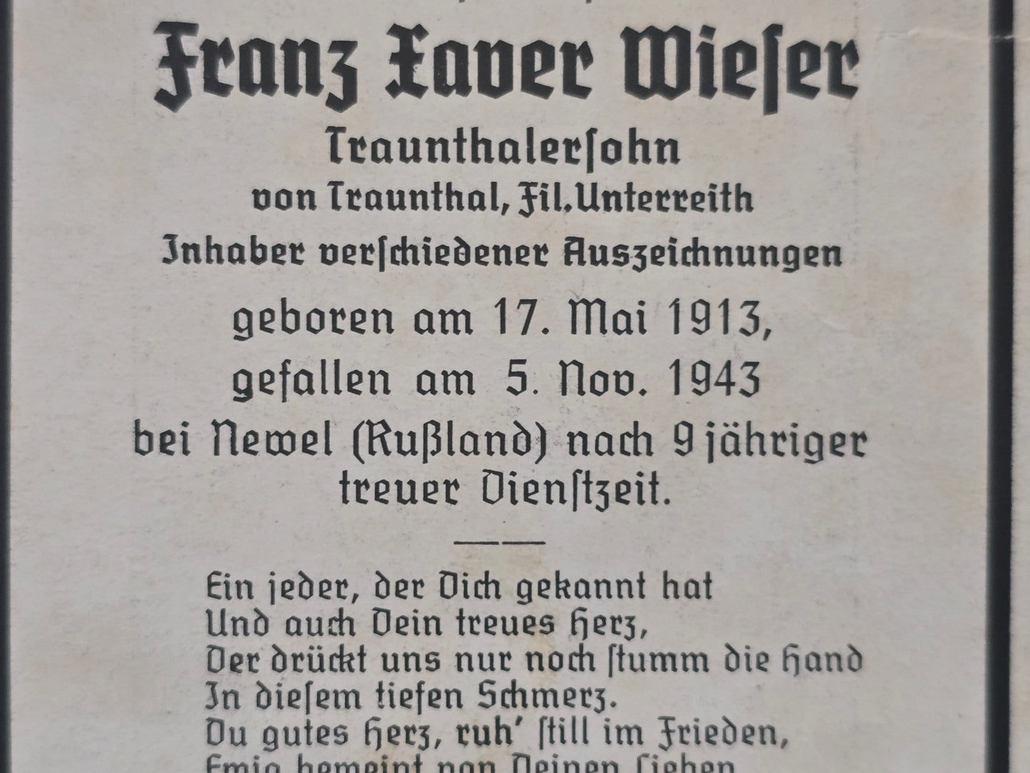 Sterbebild Feldwebel & Zugführer Traunthal Luftwaffen Einheit Newel Russland