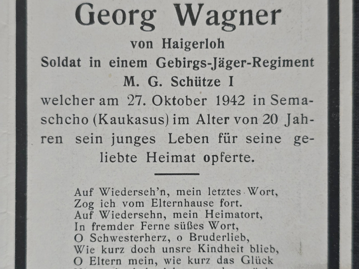 Sterbebild Jäger Haigerloh Gebirgsjäger Regt. MG Schütze Goitsch Semaschcho Kaukasus Russland