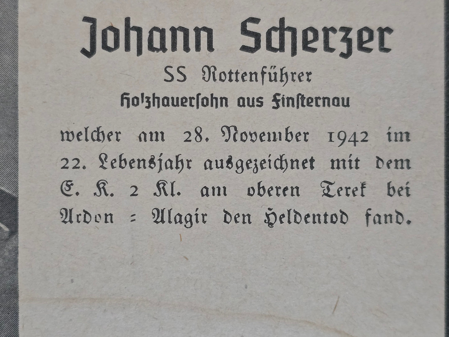 Sterbebild SS-Rottenführer Finsterau 6. Komp. SS-Schützen Regt. "Westland" Ardon Alagir Nordossetien Russland