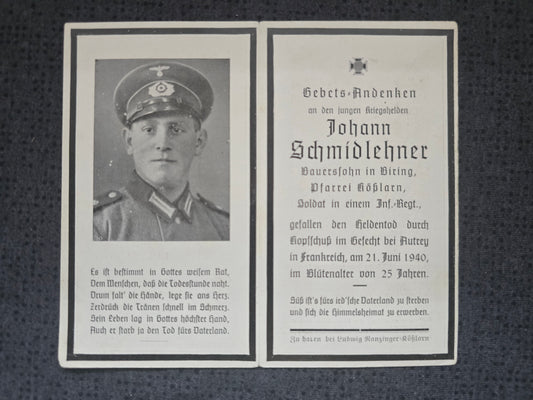 Sterbebild Schütze Kößlarn 10. Komp. Inf. Regt. 423 Kopfschuss Autrey Andilly Frankreich