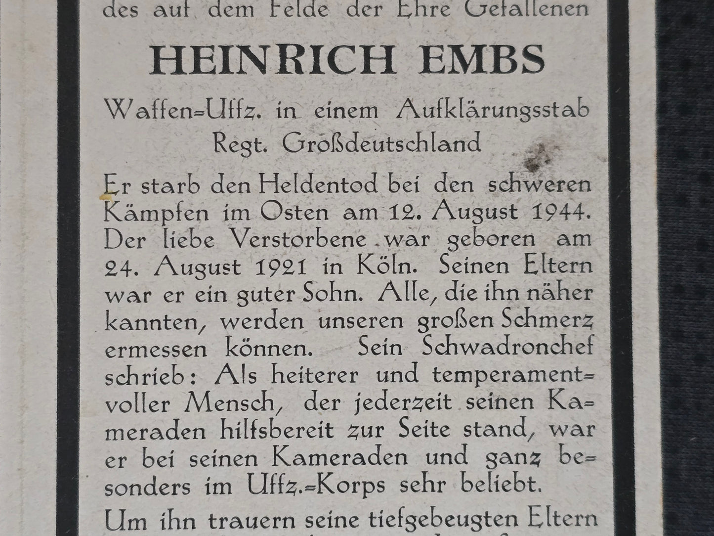 Sterbebild Waffen-Unteroffizier Köln Aufklärungsstab Regiment "Großdeutschland" GD Schaulen Tauroggen Litauen