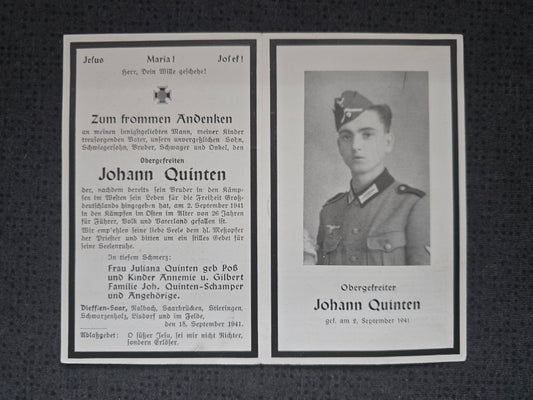 Sterbebild Obergefreiter Diefflen 14. Komp. Inf. Regt. 87 (Mot) Artjuschkino Ukraine