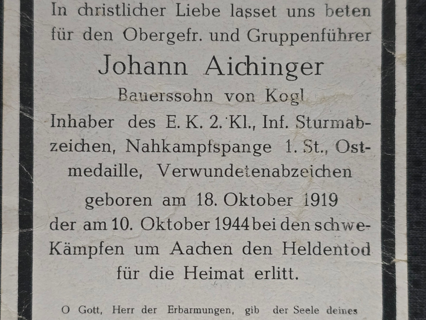 Sterbebild Obergefreiter & Gruppenführer Kogl EK II NKS schwere Kämpfe Aachen Würselen-Weiden