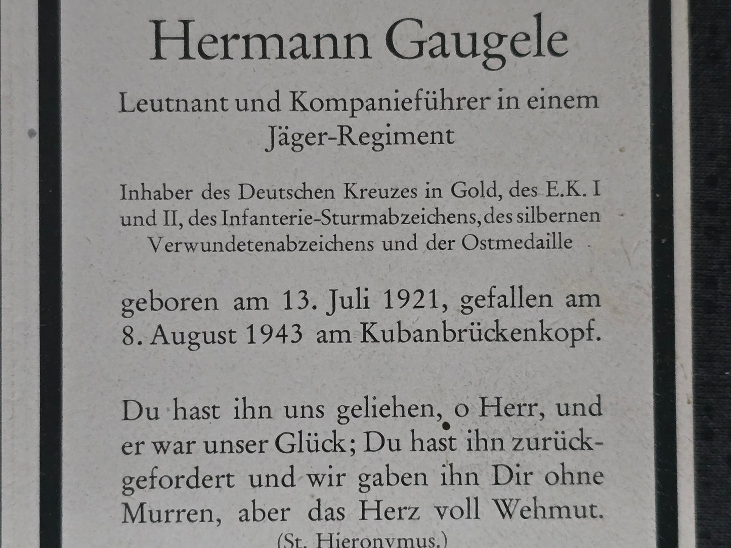 Sterbebild Leutnant & Kompanieführer Schongau 6. Komp. Jäger Regt. 207 DKiG EK I&II Kubanbrückenkopf Krymskaja Russland