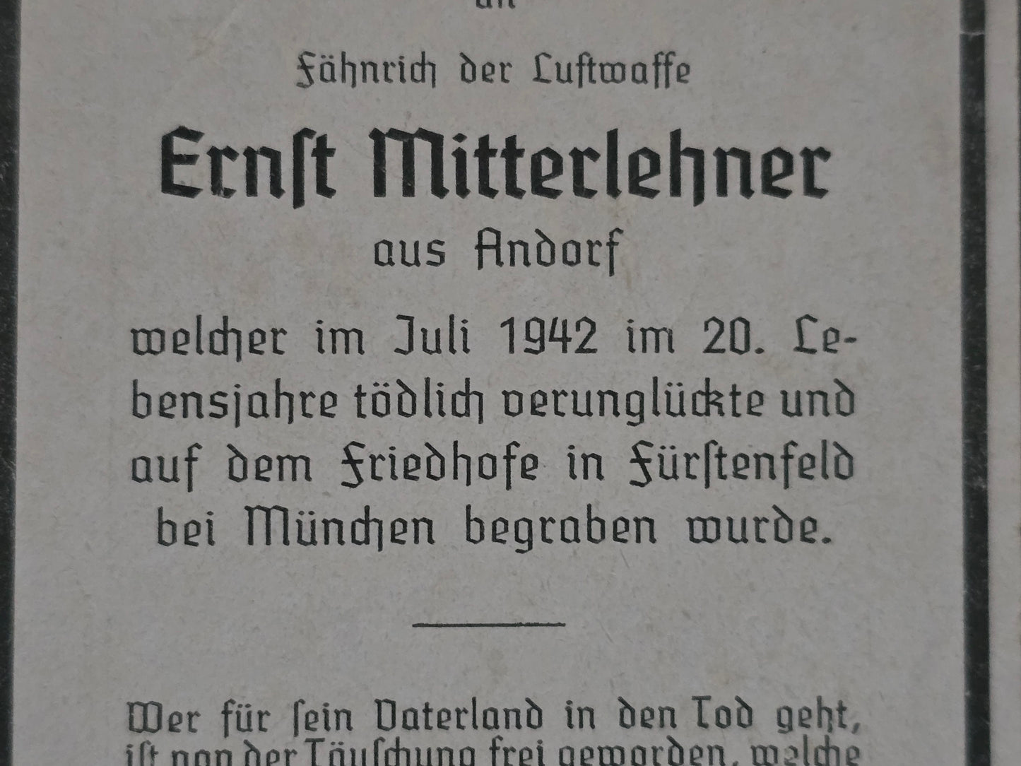 Sterbebild Fähnrich Schärding 1. Fahnenjunker Kompanie Luftkriegsschule 4 Fürstenfeldbruck München